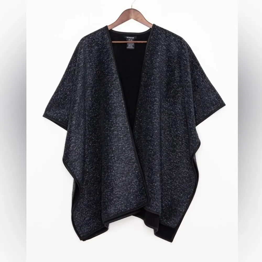 Ike Behar Reversible Ruana Poncho Womens OS Gray Black Open Front Wrap Cape